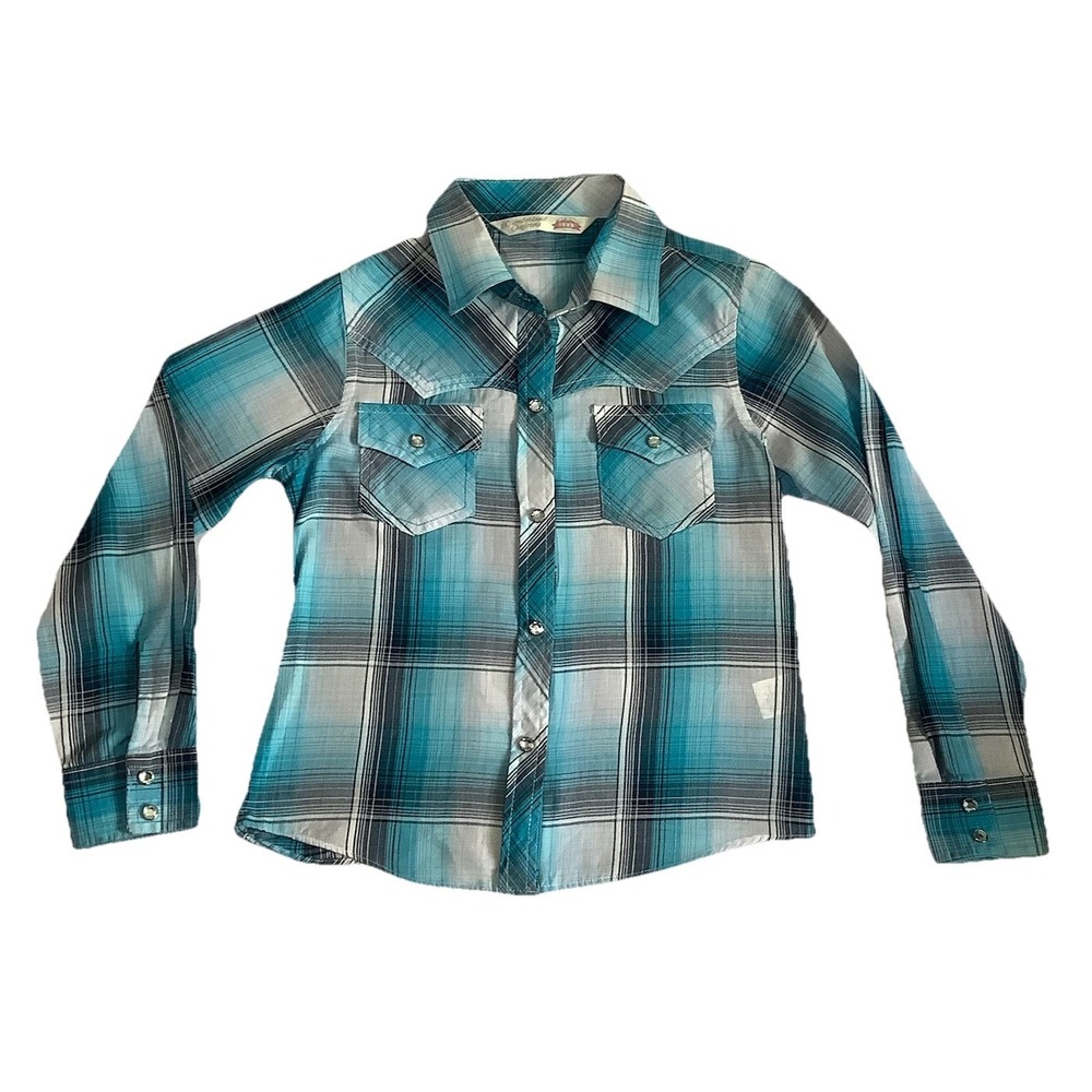 Cumberland Outfitters Bling Pearl Snap Blue Plaid Plaid Long Western Girls - Picture 3 of 5